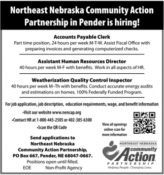 Accounts Payable Clerk, Assistant Human Resources Director, Weatherization Quality Control Inspector