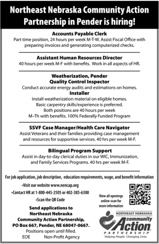 Accounts Payable Clerk, Assistant Human Resources Director, Weatherization Quality Control Inspector
