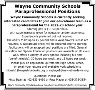 Paraprofessional Positions