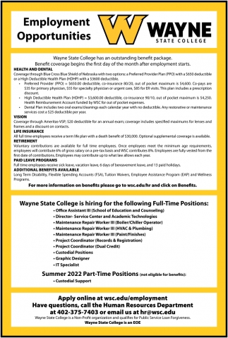 Office Assistant, Director-Service Center and Academic Technologies, Maintenance Repair Worker, Project Coordinator