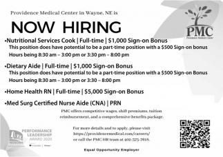 Nutritional Services Cook, Dietary Aide, Home Health RN, Med Surg Certified Nurse Aide (CNA)