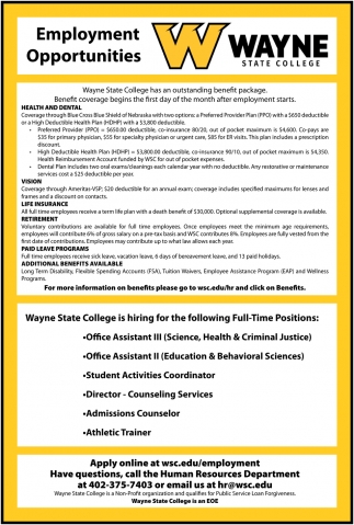 Office Assistant, Student Activities Coordinator, Director - Counseling Services, Admissions Counselor, Athletic Trainer