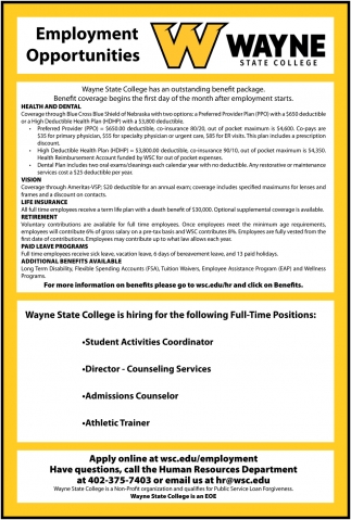 Student Activities Coordinator, Director - Counseling Services, Admissions Counselor, Athletic Trainer