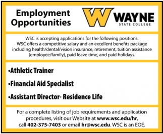Athletic Trainer, Financial Aid Specialist, Assistant Director