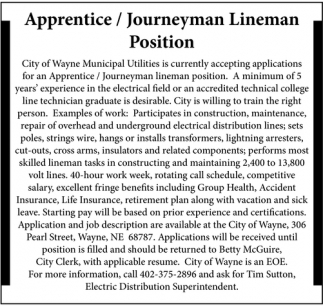 Apprentice / Journeyman Lineman Position