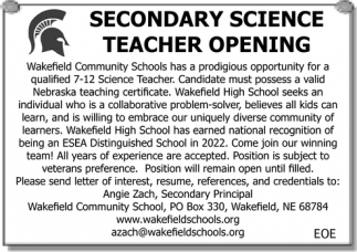 Secondary Science Teacher Opening