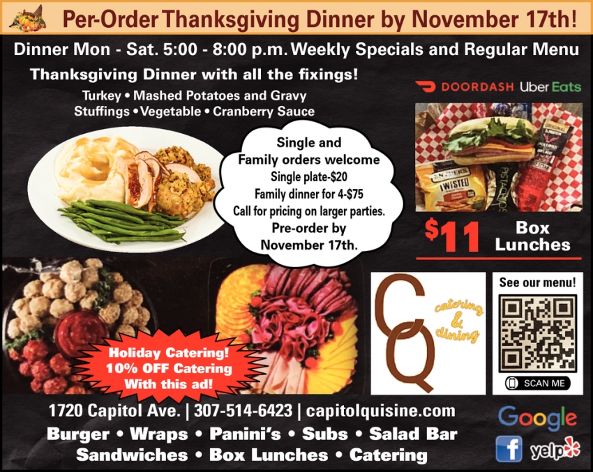 Pre-Order Thanksgiving Dinner by November 17th