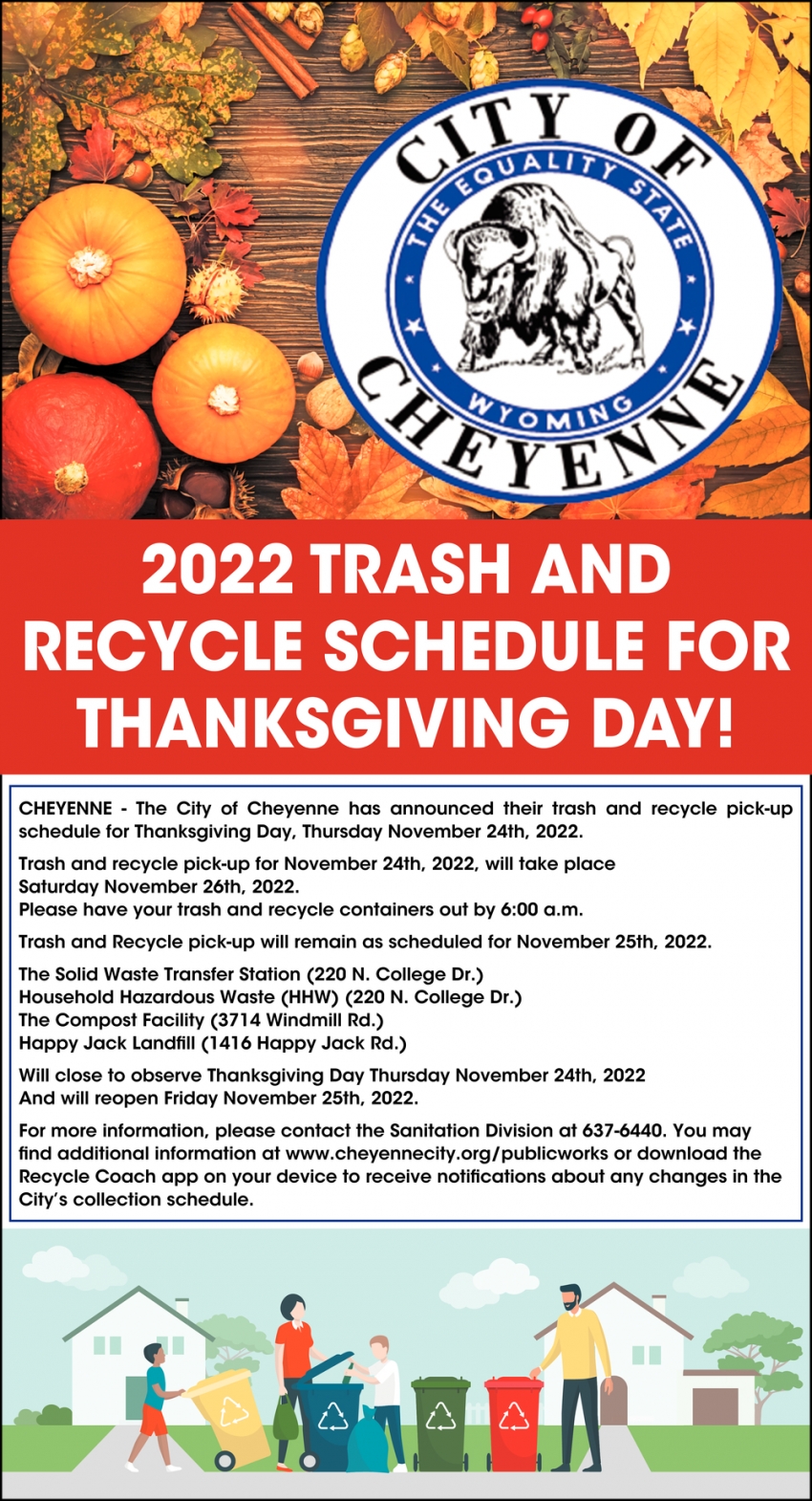 2022 Trash and Recycle Schedule for Thanksgiving Day!