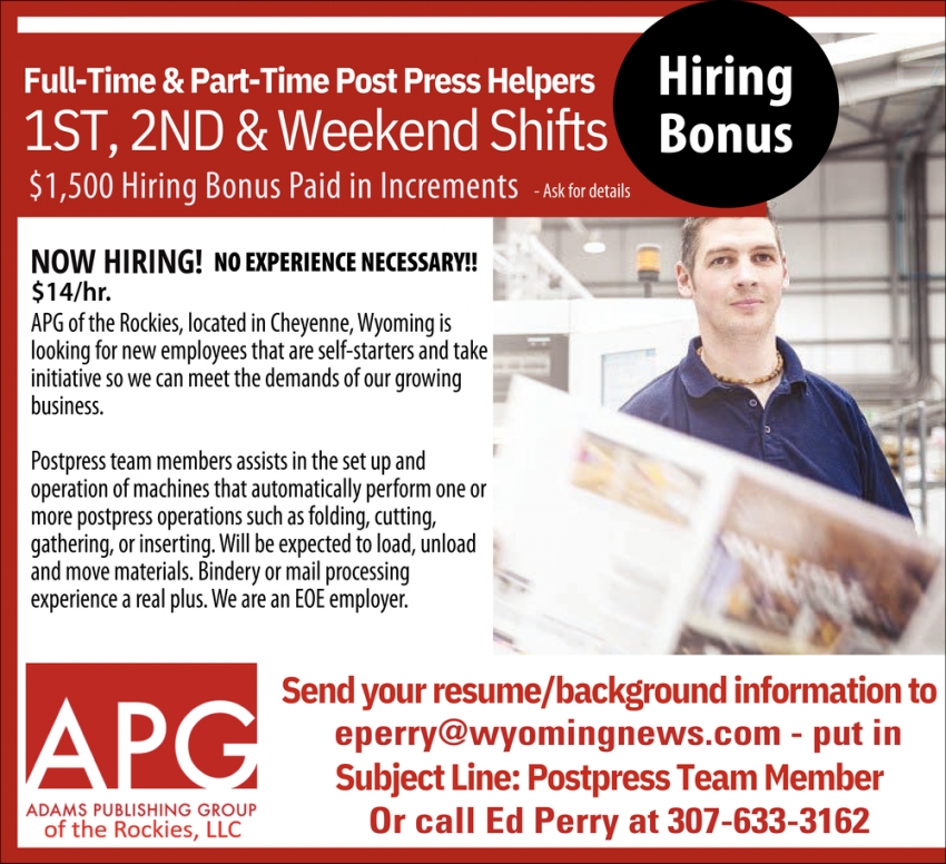 Full-Time & Part-Time Post Press Helpers