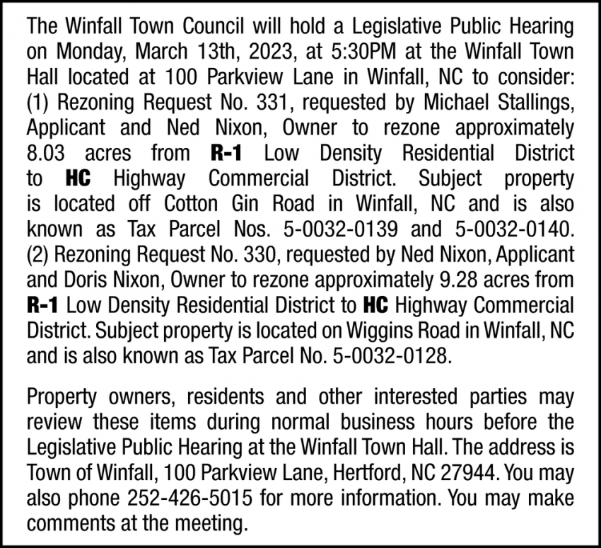 Legislative Public Hearing, Town of Winfall, Winfall, NC