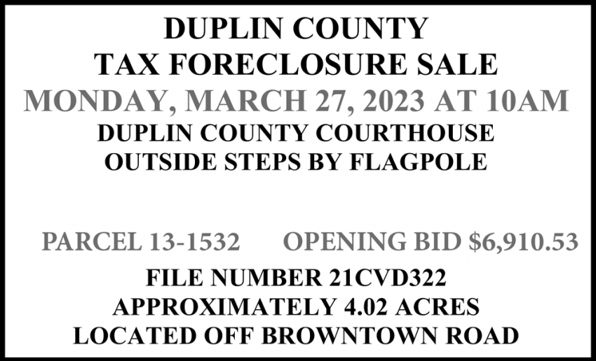 Tax Foreclosure Sale, Duplin County, Kenansville, NC