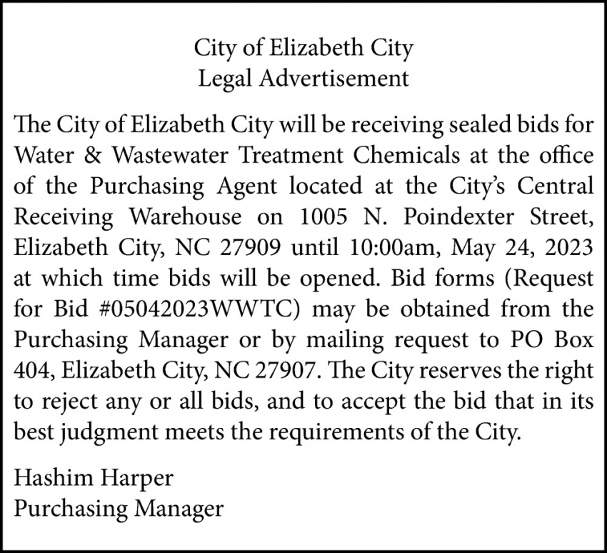 Legal Advertisement, City of Elizabeth City, Elizabeth City, NC