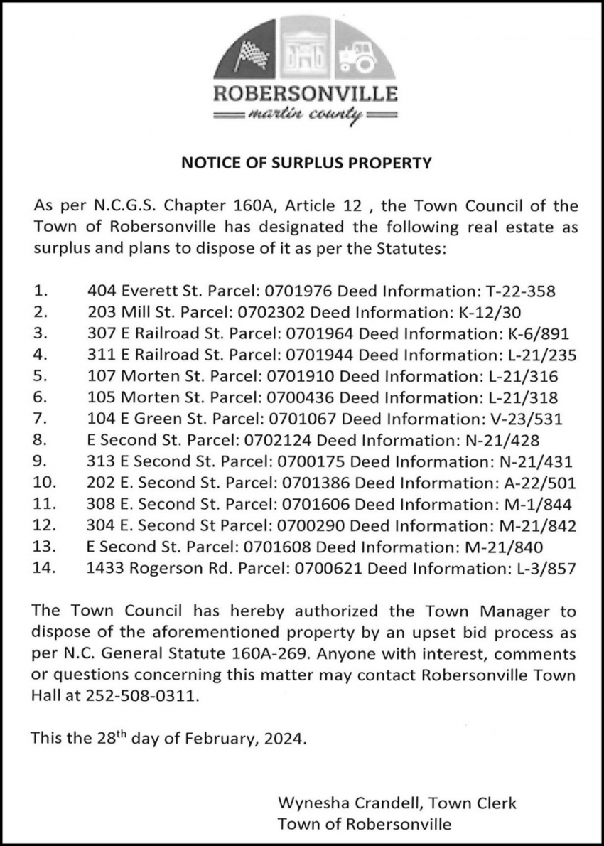 Notice of Surplus Property, Town of Robersonville, Robersonville, NC