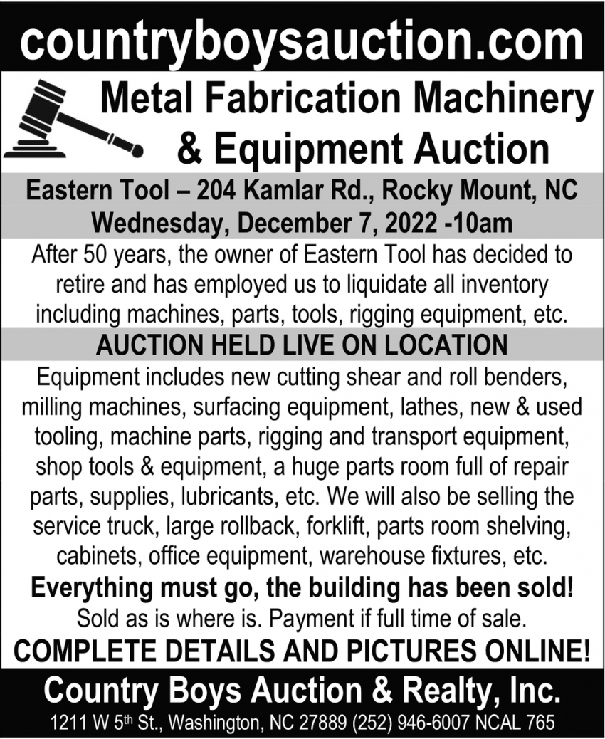 Metal Fabrication Machinery & Equipment Auction
