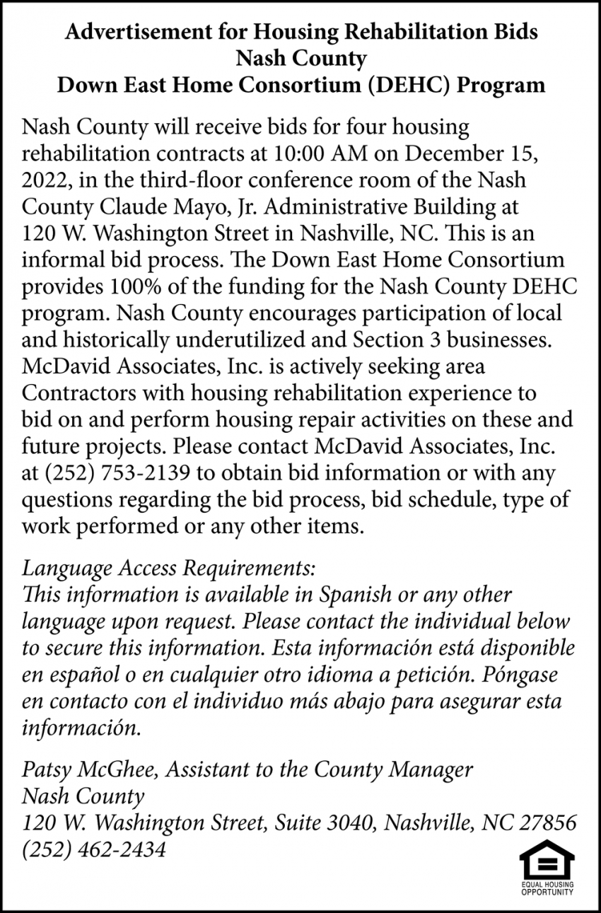 Advertisement for Housing Rehabilitation Bids