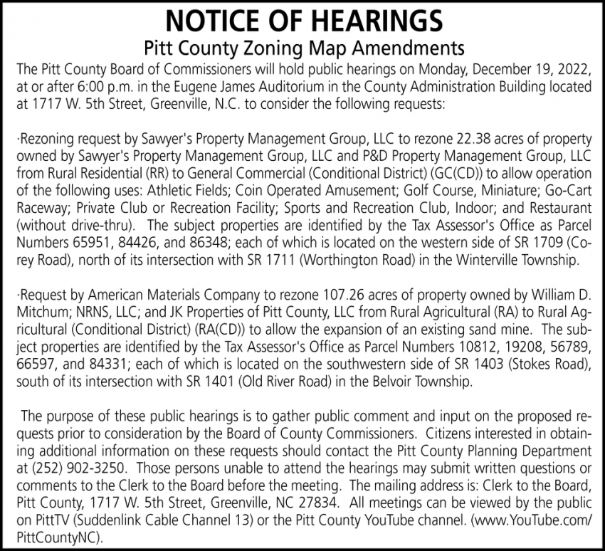 Notice of Hearings
