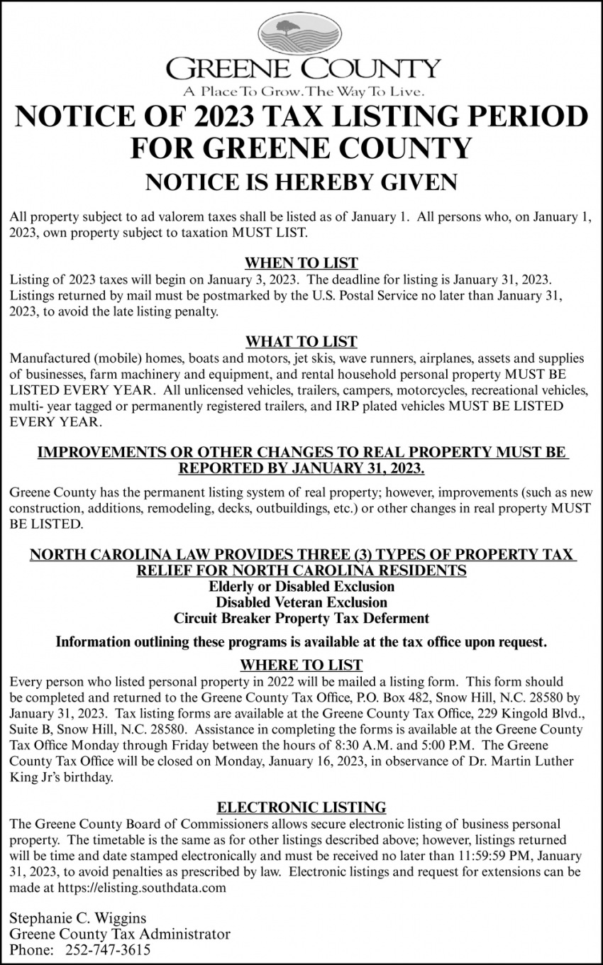 Notice of 2023 Tax Listing Period for Greene County