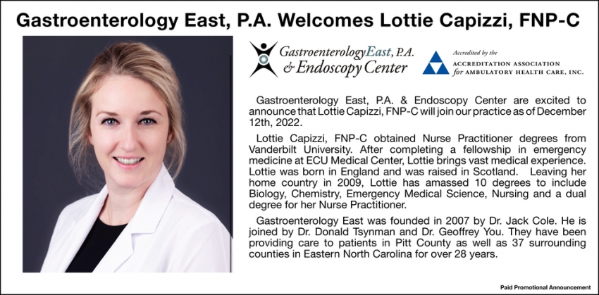 Gastroenterology East, P.A. Welcomes Lottie Capizzi FNP-C