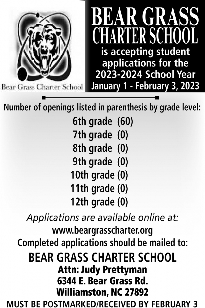 Bear Grass Charter School Is Accepting Student Applications For The 2023-2024 School Year
