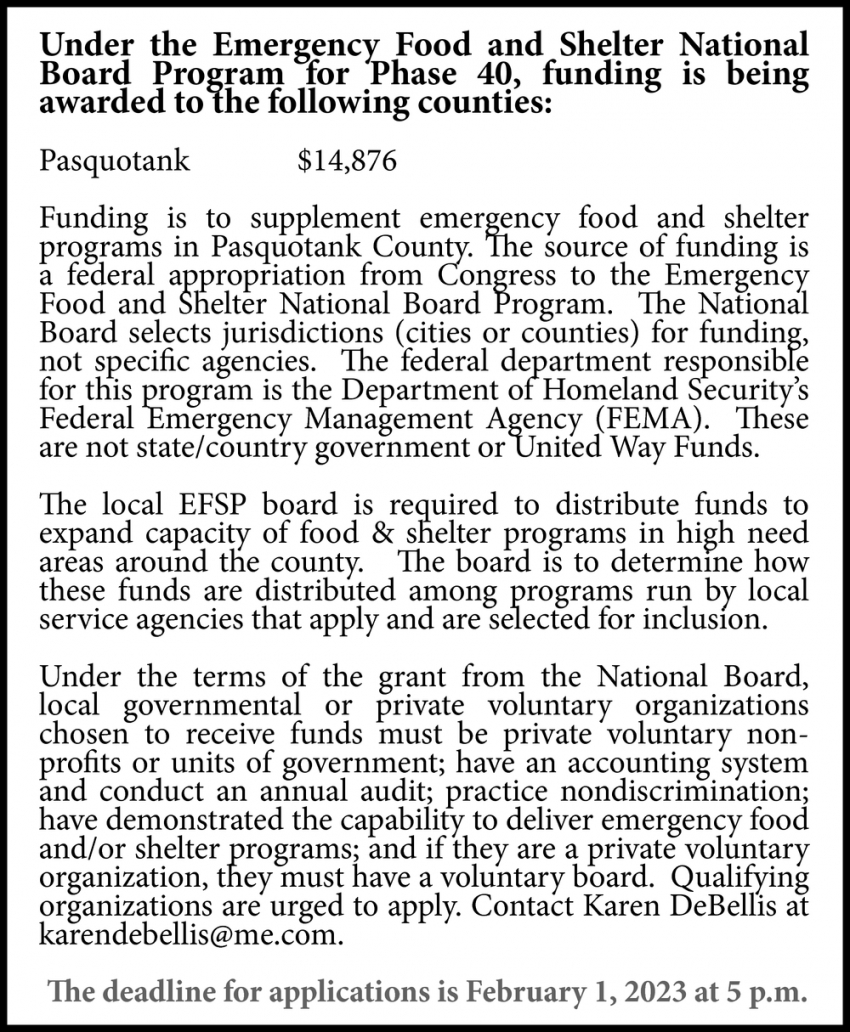 Funding Is to Supplement Emergency Food and Shelter Programs in Pasquotank County