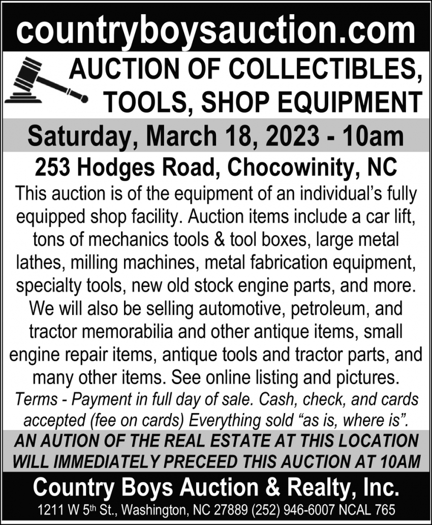 Auction of Collectibles, Tools, Shop Equipment