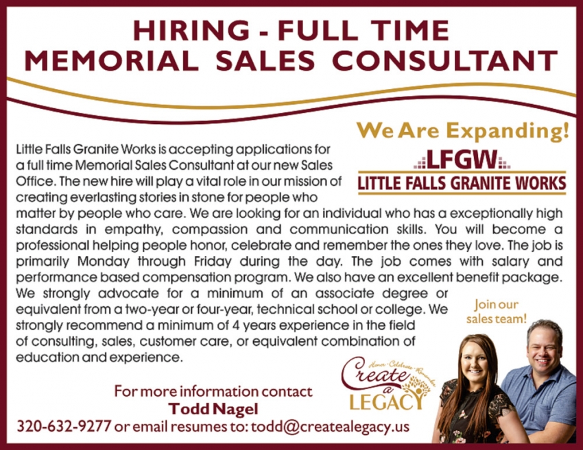Memorial Sales Consultant, Little Falls Granite Works, Little Falls, MN