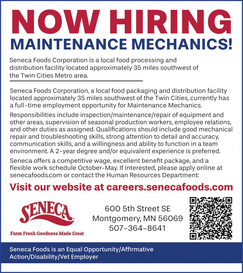 Maintenance Mechanics, Seneca Foods, Montgomery, MN