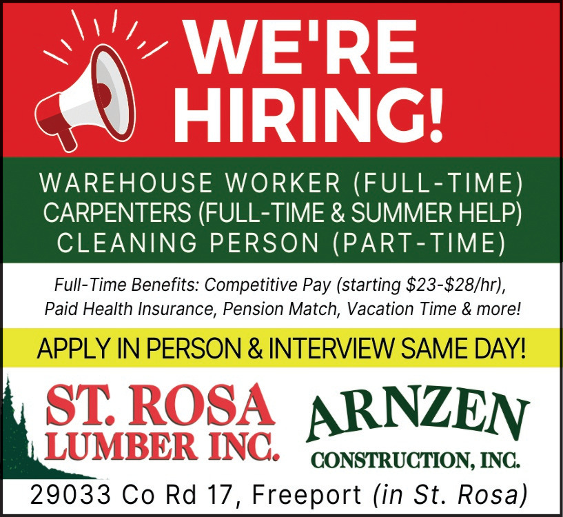 Warehouse Worker - Carpenters - Cleaning Person, St. Rosa Lumber, Inc, Freeport, MN