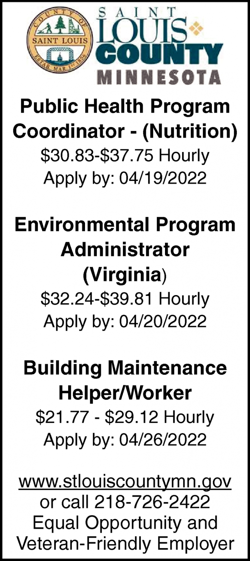 Public Health Program Coordinator, Environmental Program Administrator, Building Maintenance Helper/Worker