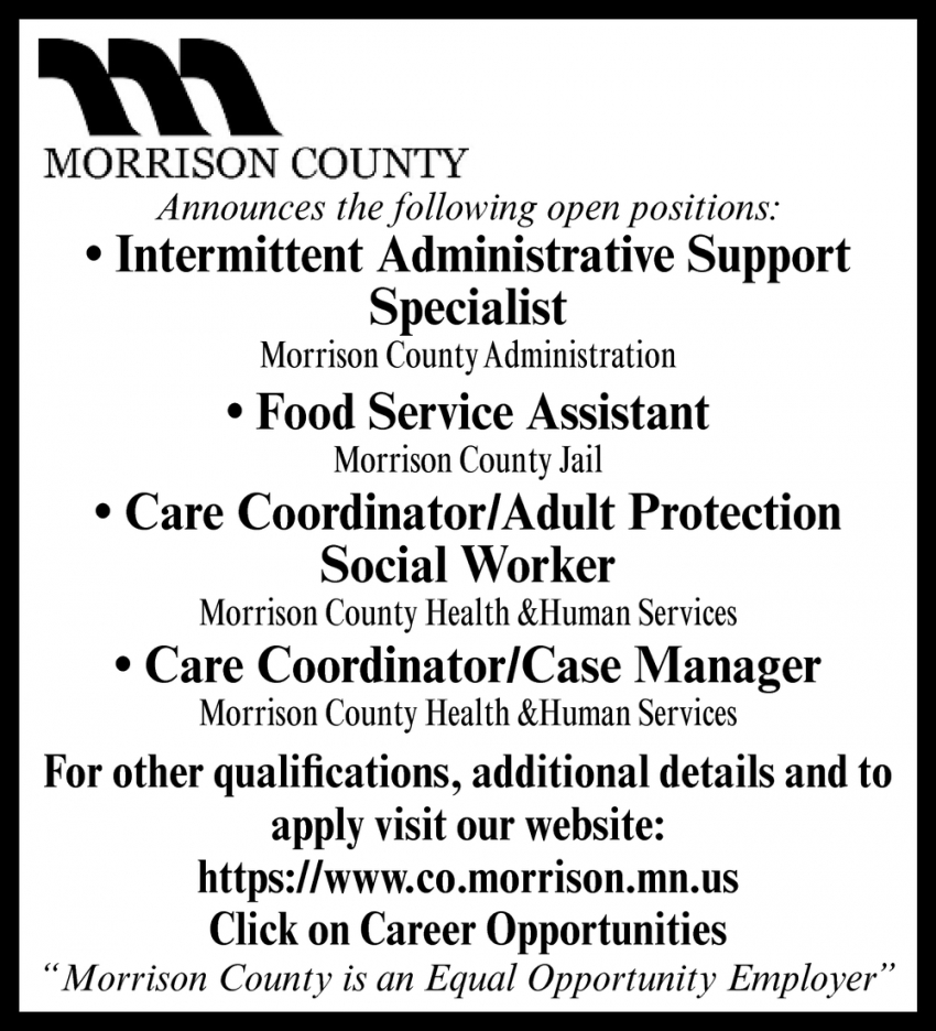 Intermittent Administrative Support Specialist, Food Service Assistant, Care Coordinator/Adult Protection Social Worker