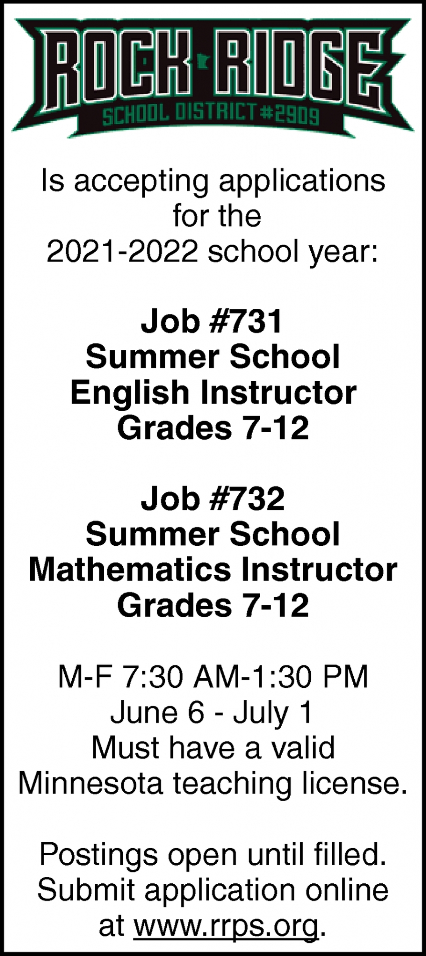 Summer School English Instructor Grades 7-12, Summer School Mathematics Instructor Grades 7-12