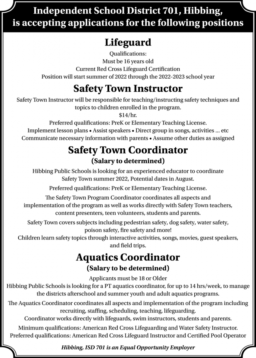 Lifeguard, Safety Town Instructor, Safety Town Coordinator, Aquatics Coordinator