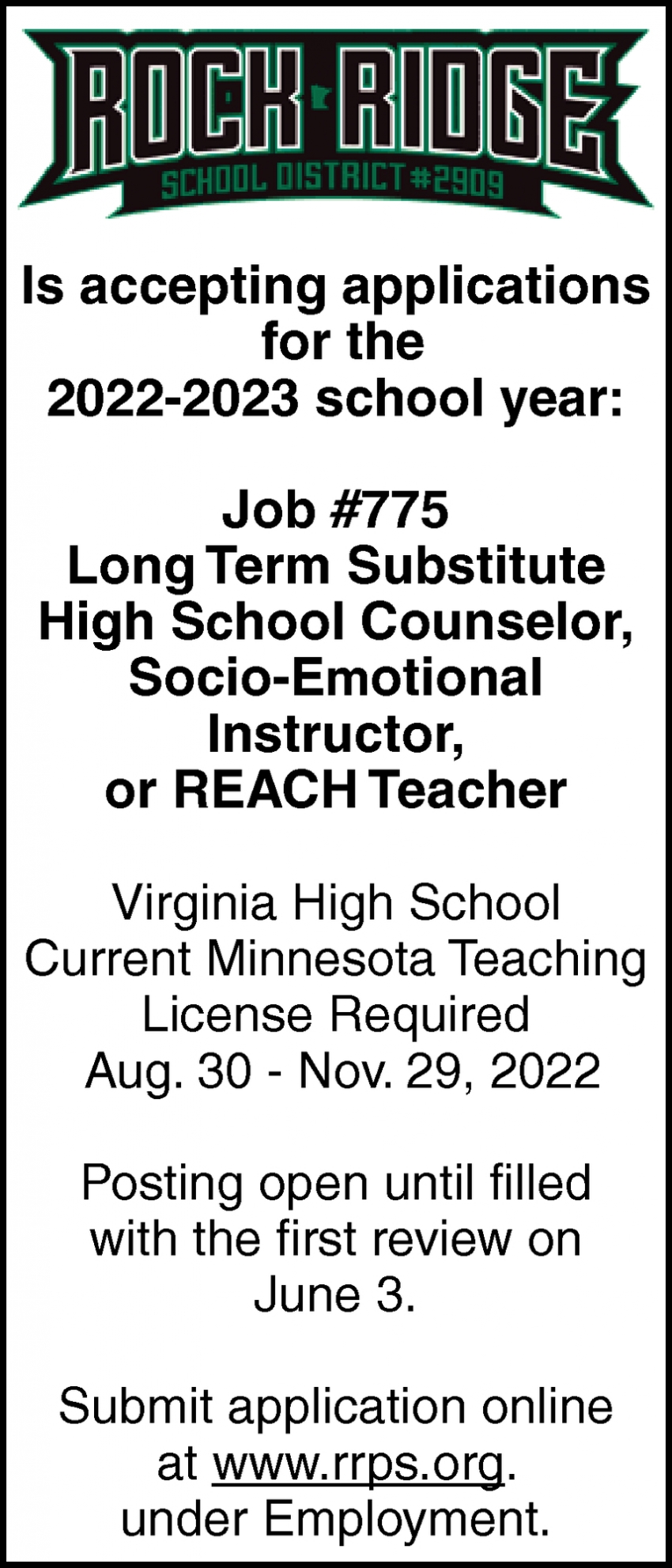 Long Term Substitute High School Counselor, Socio-Emotional Instructor, REACH Teacher