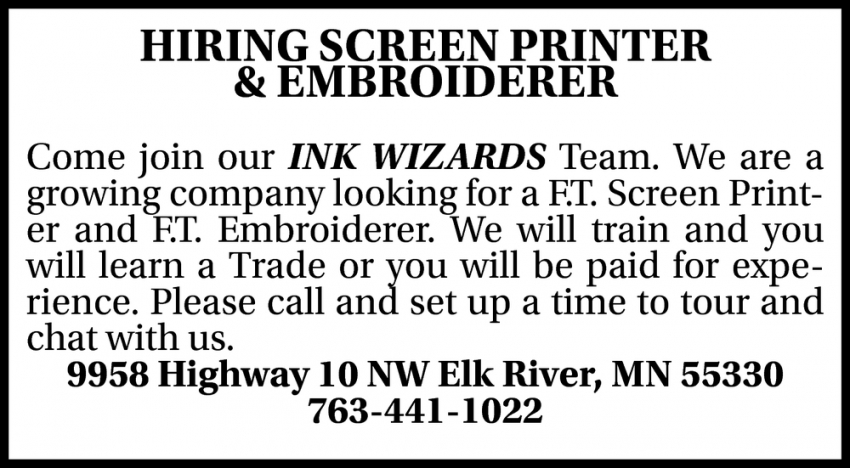 Hiring Screen Printer & Embroiderer
