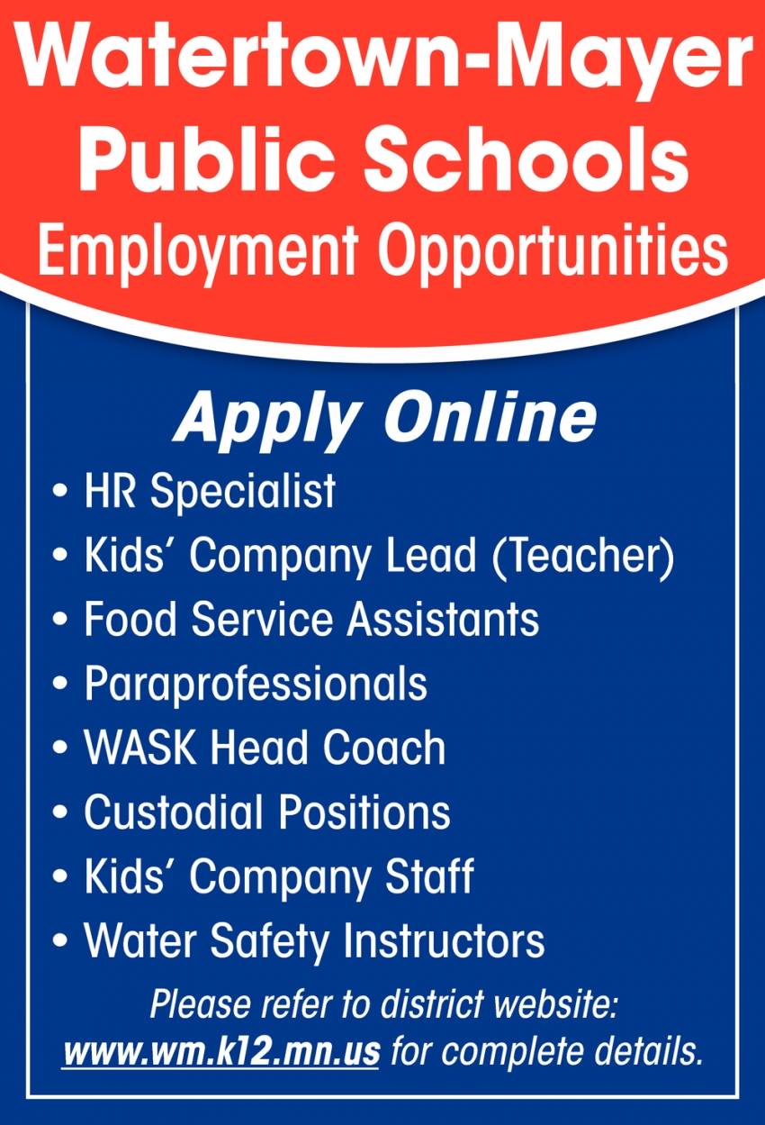 HR Specialist, Kids' Company Lead, Food Service Assistants
