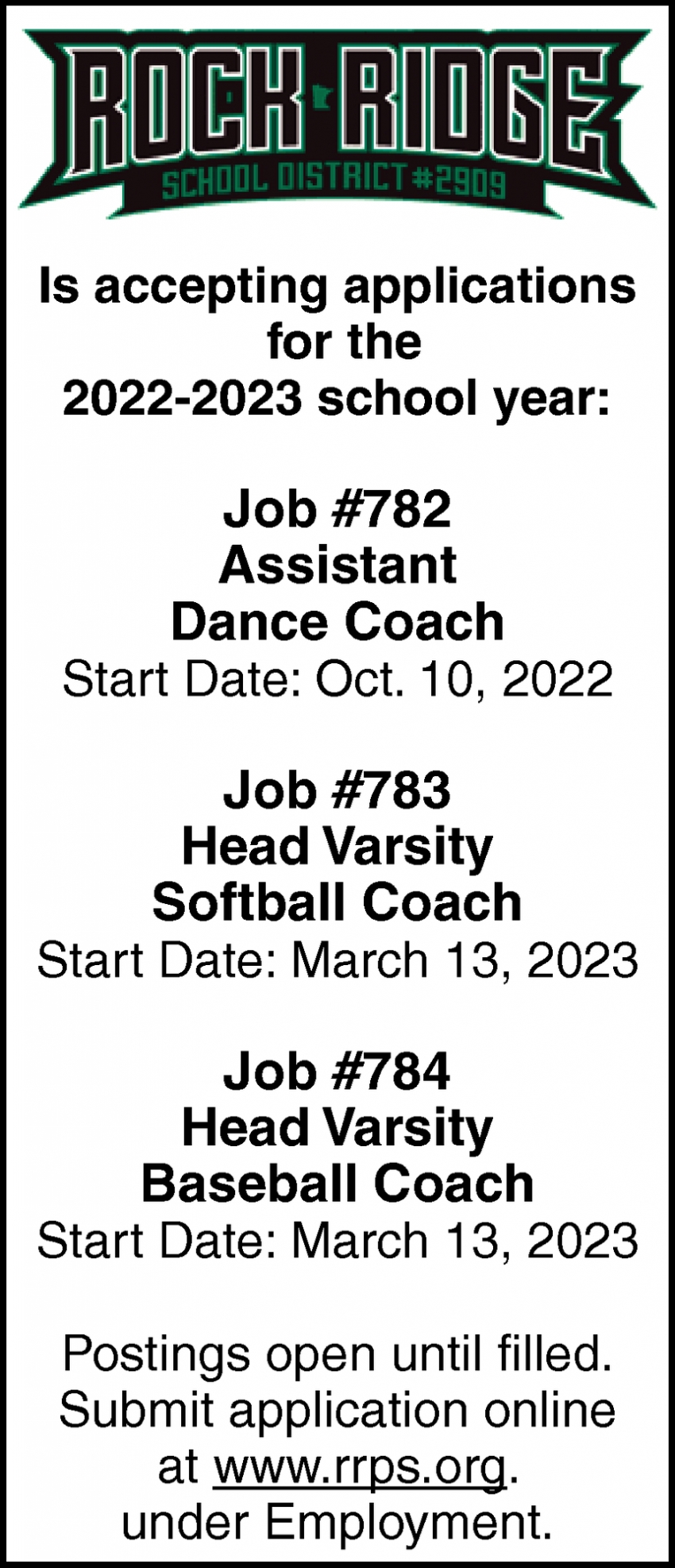 Assistant Dance Coach, Head Varsity Softball Coach, Head Varsity Baseball Coach