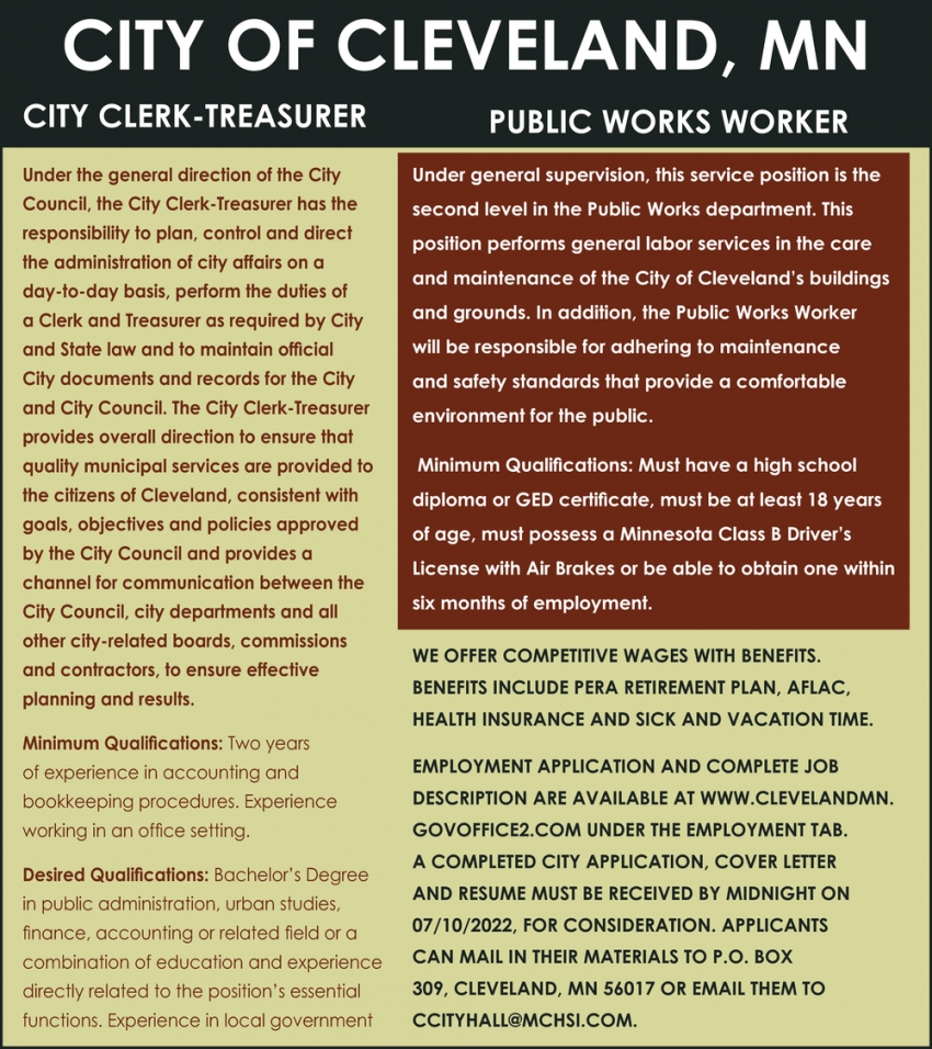 City Clerk-Treasurer, Public Works Worker