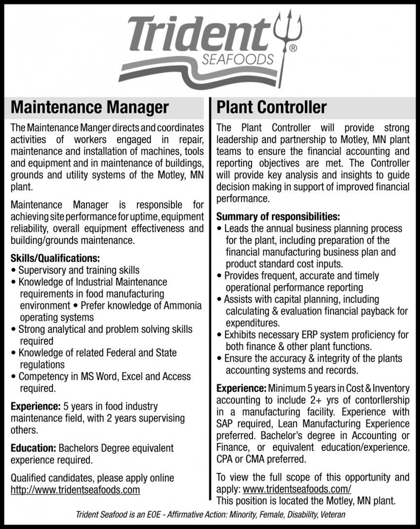 Maintenance Manager, Plant Controller
