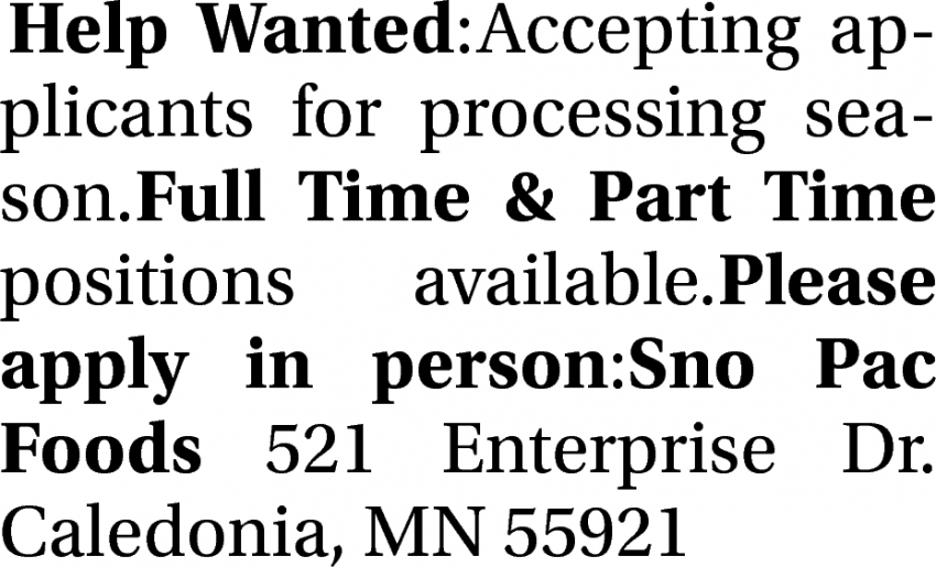 Full Time & Part Time Positions Available