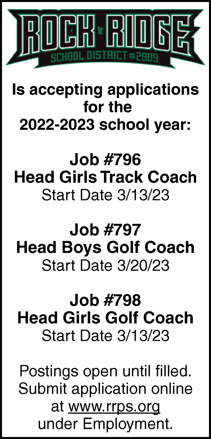 Head Girls Track Coach, Head Boys Golf Coach, Head Girls Golf Coach