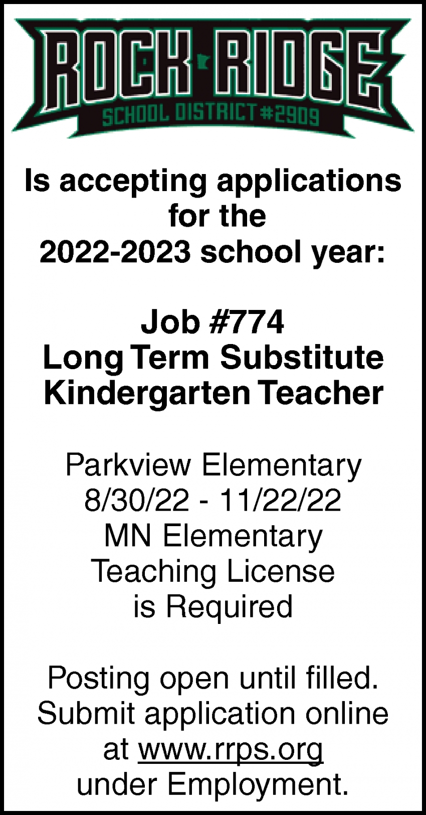 Long Term Substitute Kindergarten Teacher