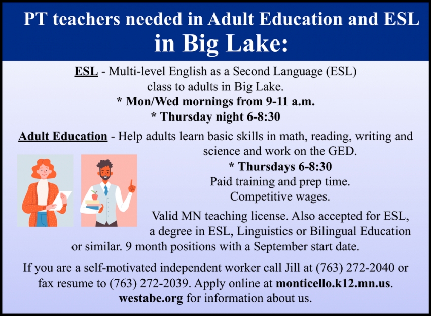 PT Teachers Needed in Adult Education and ESL
