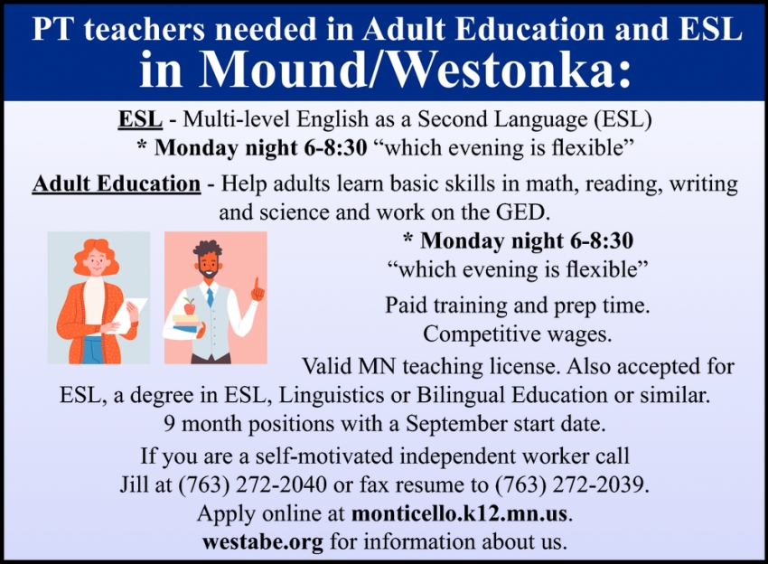 PT Teachers Needed in Adult Education and ESL in Mound
