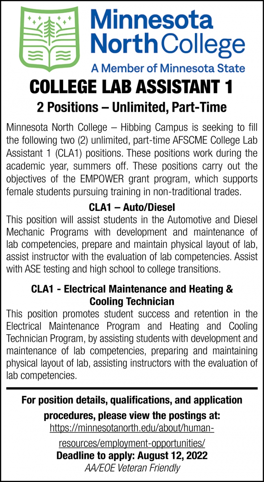 College Lab Assistant, CLA - Auto/Diesel, Electrical Maintenance and Heating & Cooling Technician