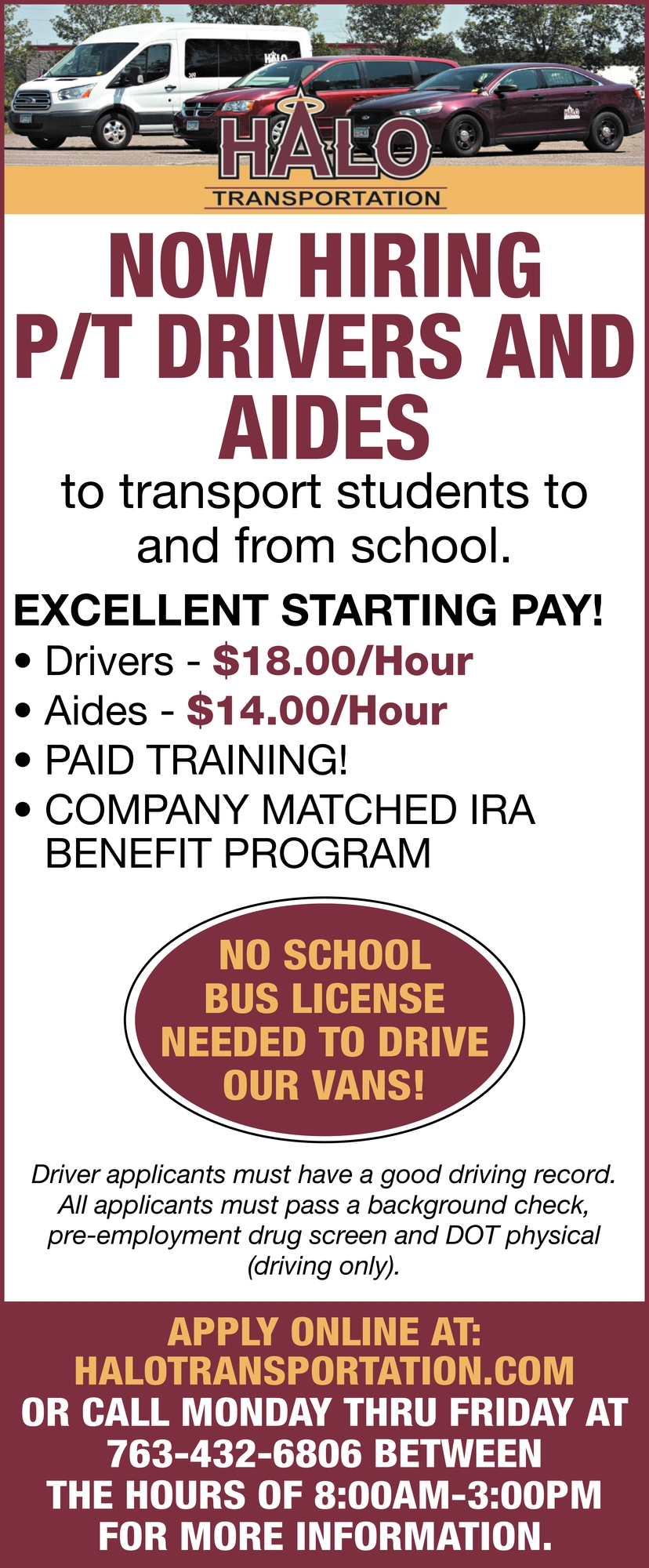 Now Hiring PT Drivers and Aides