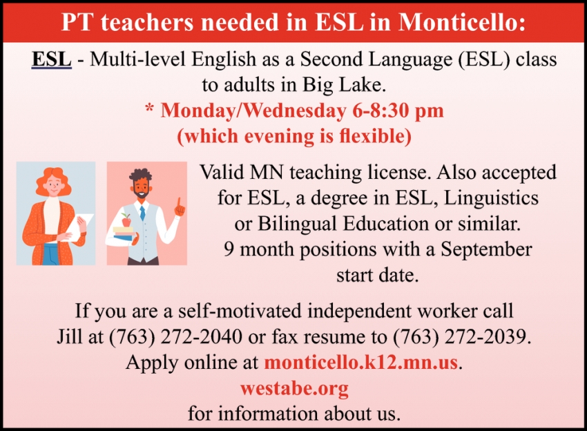 PT Teachers Needed in ESL in Monticello