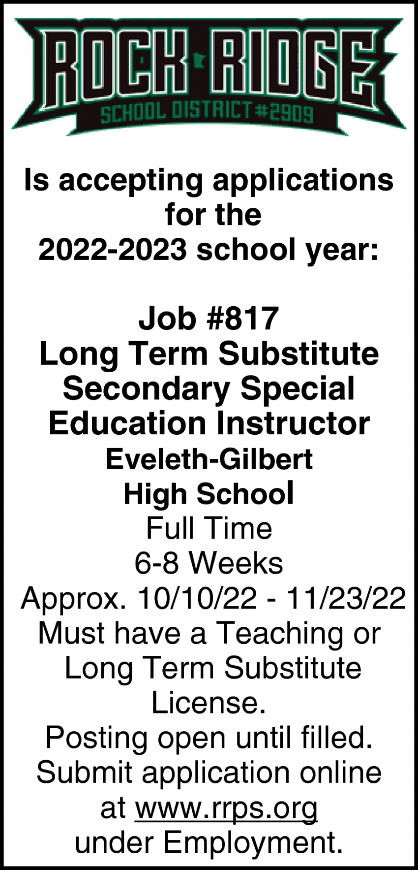 Long Term Substitute Secondary Special Education Instructor