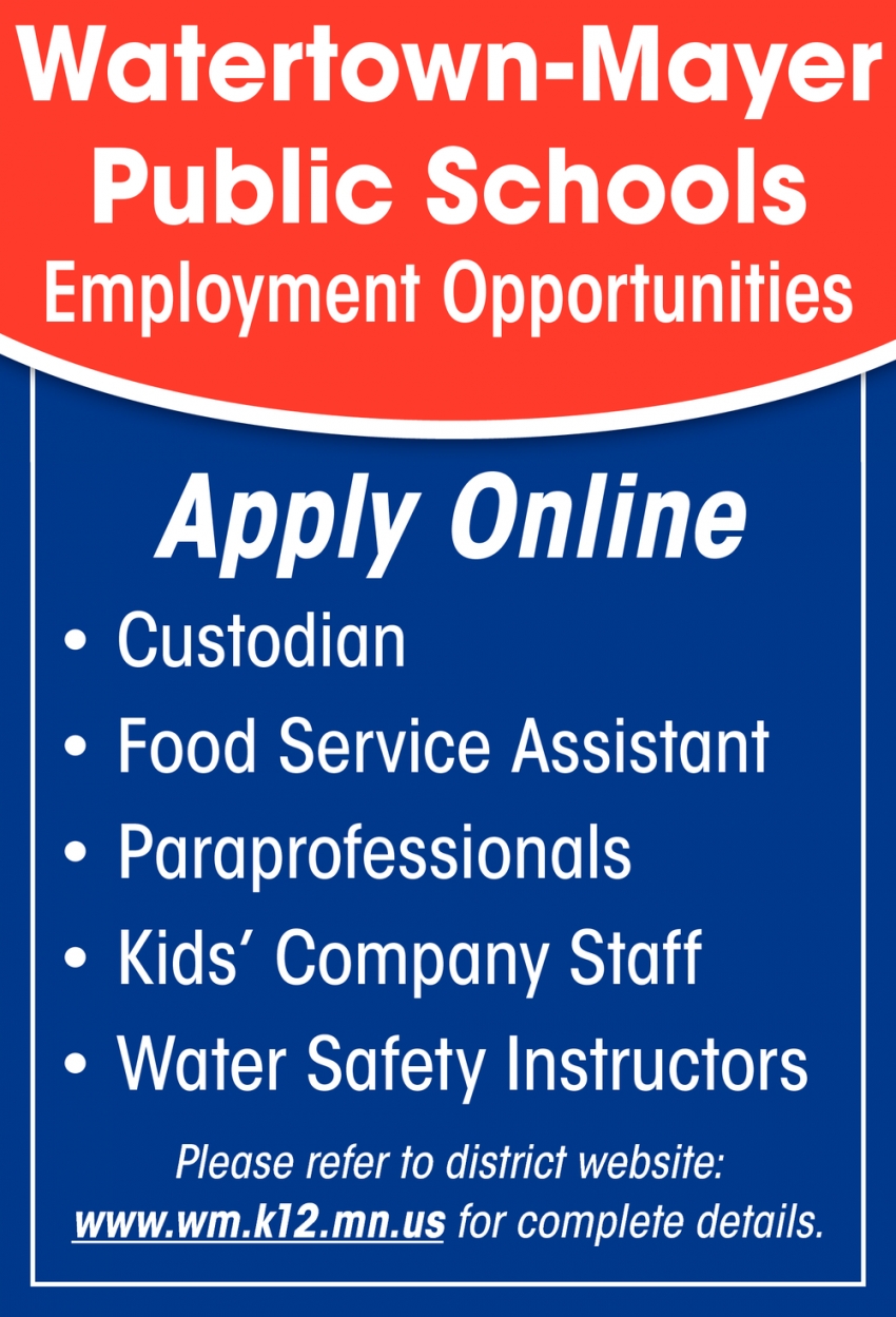 Custodian, Food Service Assistant, Paraprofessionals, Kid's Company Staff, Water Safety Instructors