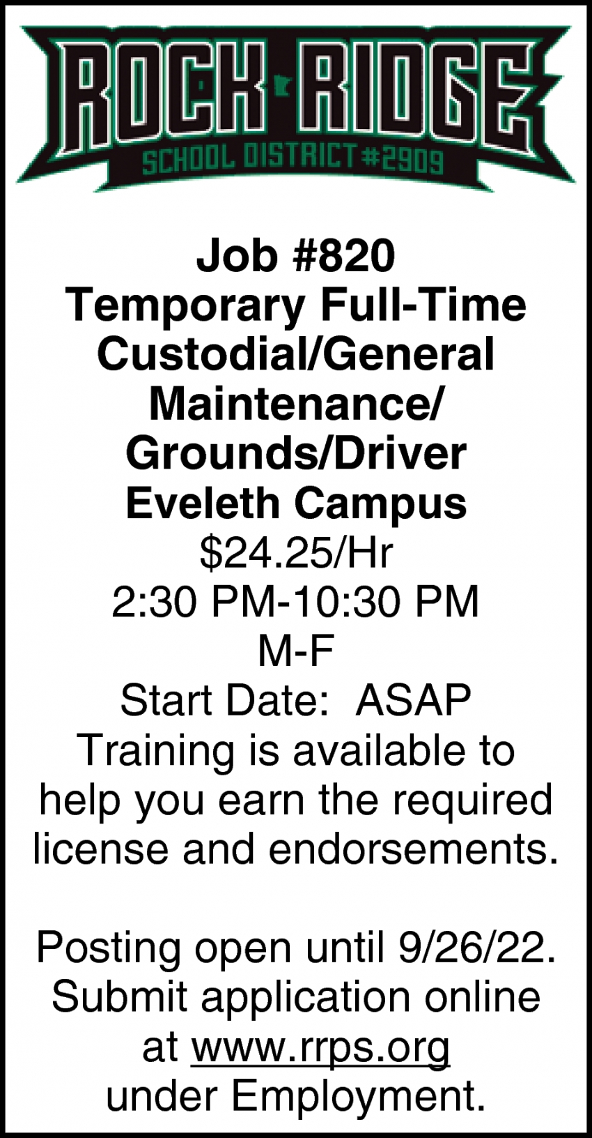 Custodial/General Maintenance/ Grounds/ Driver Eveleth Campus