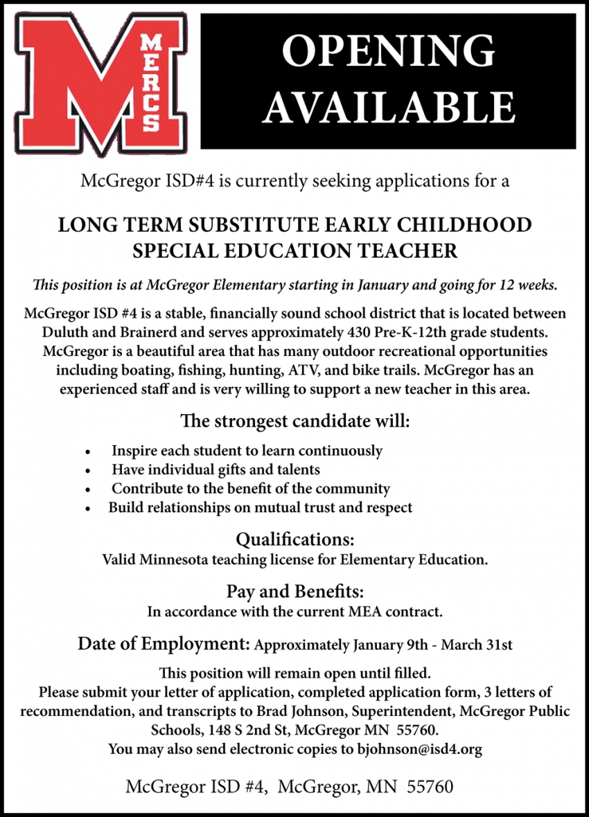 Long Term Substitute Early Childhood Special Education Teacher
